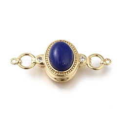 Brass Micro Pave Clear Cubic Zirconia Magnetic Clasps, wth Natural Lapis Lazuli, Oval, Real 18K Gold Plated, 34x13x10mm(KK-H480-44G)