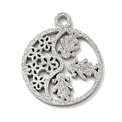 304 Stainless Steel Textured Pendants, Hollow, Flat Round with Girl & Flower, Stainless Steel Color, 14x11.5x1mm, Hole: 1mm(STAS-J040-07B-P)