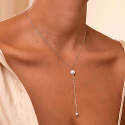 Stainless Steel Cable Chains Lariat Necklace, with Plastic Pearl Beaded, Silver, 16.54 inch(42cm)(PE9205-2)