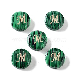 Synthetic Malachite Beads, with Golden Tone Brass Slices, Flat Round with Letter, Letter M, 15x5mm, Hole: 1.4mm(G-A238-01M)