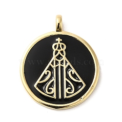 Rack Plating Brass Enamel Pendants, Lead Free & Cadmium Free, Long-Lasting Plated, Real 18K Gold Plated, Flat Round with Religious Virgin Mother Mary, Black, 24.5x20x2mm, Hole: 3X2.8mm(KK-D047-06G-02)