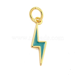 Rack Plating Brass Enamel Pendants, with Jump Ring, Cadmium Free & Lead Free, Long-Lasting Plated, Real 18K Gold Plated, Lightning Charm, Dark Cyan, 17.5x5x1mm, Hole: 3.5mm(KK-U021-16D-G)