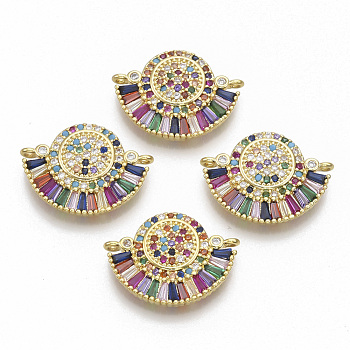 Brass Micro Pave Cubic Zirconia Links connectors, Fan Shape, Colorful, Golden, 15x20.5x2.5mm, Hole: 1.2mm
