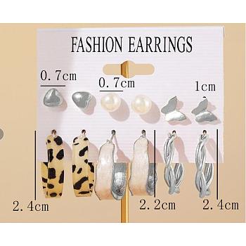 Alloy & Plastic Pearl Earring Sets, Platinum, 7~35mm, 6pairs/set