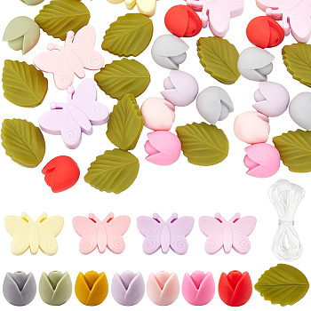Food Grade Eco-Friendly Silicone Butterfly & Flower Bracelet Pendant Decoration Making Kit, Mixed Color, 15~24.5x2~30x2~14mm, Hole: 2mm