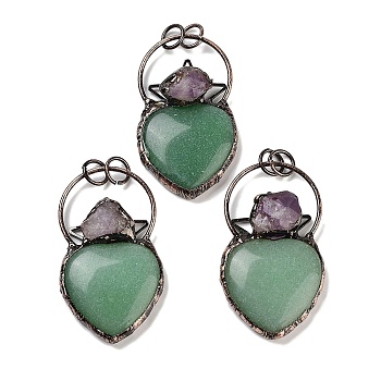 Natural Green Aventurine & Amethyst Big Pendants, Brass Heart Charms with Jump Rings, Red Copper, 55~57x32~33x9~11mm, Hole: 6.6mm