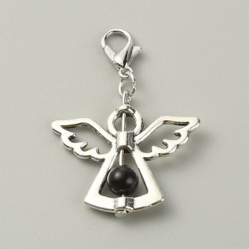 Alloy Angel Pendant Decorations, Lobster Clasp Charms with Plastic Imitation Pearl Beads, Clip-on Charms, Black, 41mm