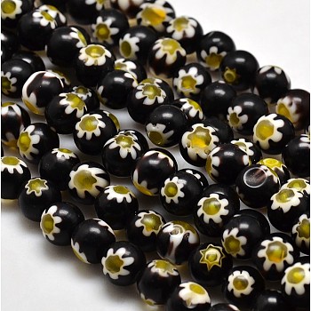 Round Millefiori Glass Beads Strands, Black, 7.6~8mm, Hole: 1mm, about 48pcs/strand, 14.9 inch
