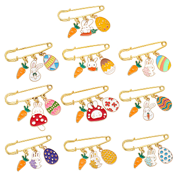 CHGCRAFT 10Pcs 10 Style Easter Egg & Rabbit & Carrot Alloy Enamel Charms Safety Pin Brooch, Gold Plated Iron Lapel Pins for Women, Mixed Color, 30~49mm, 1Pc/style