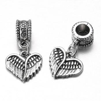 Tibetan Style Alloy European Dangle Charms, Heart with Wing, Antique Silver, 23x13x7mm, Hole: 5mm