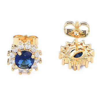 Cubic Zirconia Flower Stud Earrings, Golden Brass Jewelry for Women, Nickel Free, Marine Blue, 11x11mm, Pin: 0.7mm