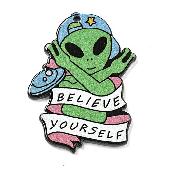 Alien Theme Acrylic Pendants,  with Word Believe Yourself, 40x30x2mm, Hole: 1.6mm