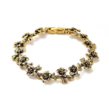 Vintage Alloy Flower Link Chain Bracelet for Women, Antique Golden, 7-1/4 inch(18.5cm)