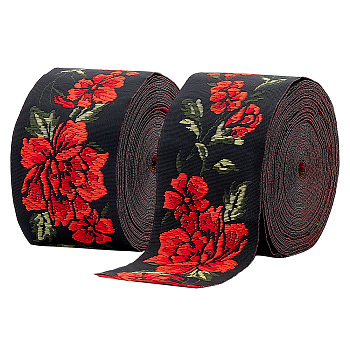 Ethnic Style Embroidery Polyester Ribbons, Jacquard Ribbon, Garment Accessories, Floral Pattern, Red, 2 inch(50mm), about 7.66 Yards(7m)/Bundle