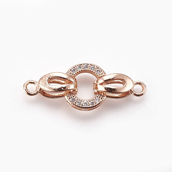 Brass Micro Pave Cubic Zirconia Fold Over Clasps, Oval, Clear, Real Rose Gold Plated, 25.5mm, Hole: 1.2mm