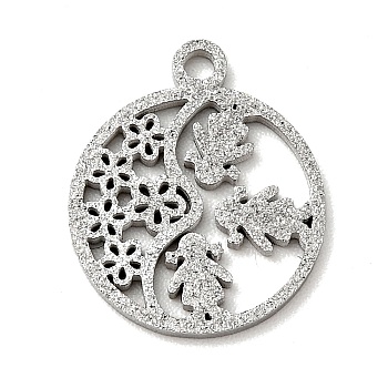 304 Stainless Steel Textured Pendants, Hollow, Flat Round with Girl & Flower, Stainless Steel Color, 14x11.5x1mm, Hole: 1mm