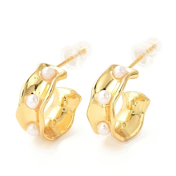 Brass Dangle Stud Earrings, with Shell Pearls, Long-Lasting Plated, Ring, Real 18K Gold Plated, 15.5x14x6mm, Pin: 0.6mm