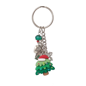 Christmas Theme Resin Keychains, with Alloy Enamel Pendants and Glass Beads and Iron Rings, Snowflake & Christmas Tree, Platinum, 7.6cm
