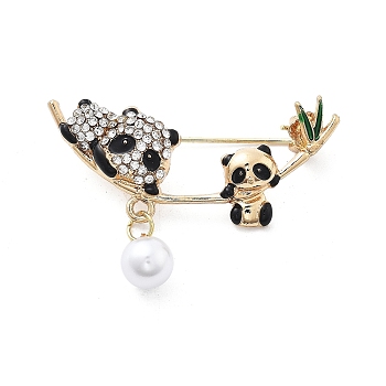 Double Panda Alloy Enamel Brooch, with Rhinestone and ABS Imitation Pearl, Golden, 32x45mm