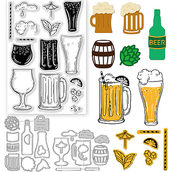 Beer Theme 1 Set Carbon Steel Cutting Dies Stencils, with 1 Sheet PVC Clear Stamps, Mixed Shapes, Stencils: 119~120x87~97x0.8mm, 2pcs/set; Stamps: 160x110x3mm