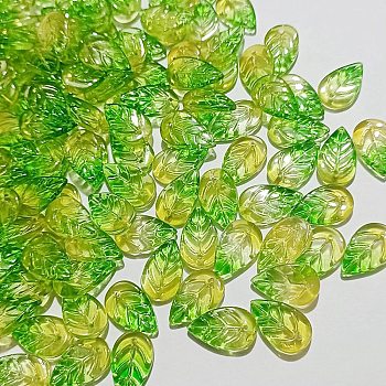 Handmade Lampwork Pendants, Leaf Charm, Green Yellow, 18x11mm