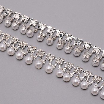 Brass & ABS Imitation Pearl & Rhinestone Cup Chains, Silver, 20x8mm
