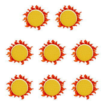 8Pcs Sun Iron on Cloth Patches, Polyester Embroidery Appliques, Sewing Craft Decoration, Orange, 75x75x1.5mm