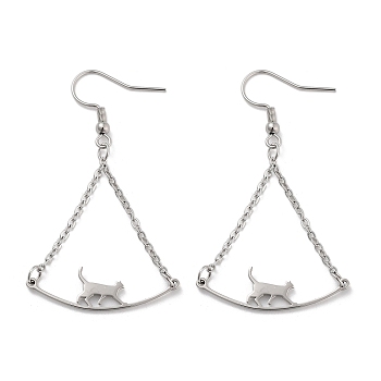 Non-Tarnish 304 Stainless Steel Dangle Earrings, Cat Shape, Stainless Steel Color, 56.5x31mm