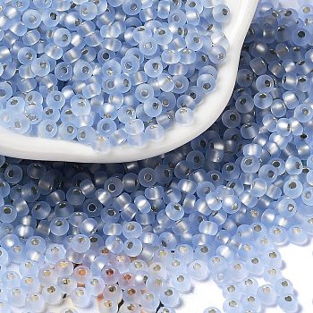 8/0 Glass Seed Beads, Frosted, Silver Lined, Round, Light Steel Blue, 3x2mm, Hole: 1mm
