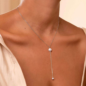 Stainless Steel Cable Chains Lariat Necklace, with Plastic Pearl Beaded, Silver, 16.54 inch(42cm)