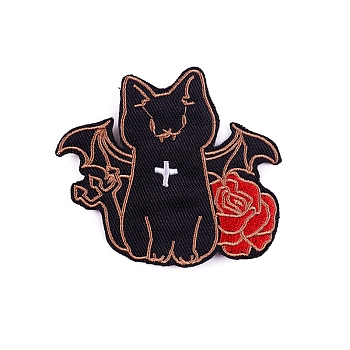 Halloween Computerized Embroidery Cloth Iron on Patches, Stick On Patch, Costume Accessories, Appliques, Cat & Rose, 65x73mm