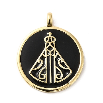 Rack Plating Brass Enamel Pendants, Lead Free & Cadmium Free, Long-Lasting Plated, Real 18K Gold Plated, Flat Round with Religious Virgin Mother Mary, Black, 24.5x20x2mm, Hole: 3X2.8mm