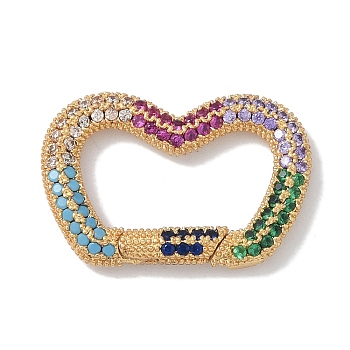 Rack Plating Brass Micro Pave Cubic Zirconia Spring Gate Rings Clasps, Cadmium Free & Lead Free, Long-Lasting Plated, Real 18K Gold Plated, Half Heart, Colorful, 16x24.5x3mm