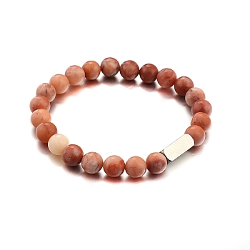 Natural Pink Aventurine Round Beaded Stretch Bracelet, with Stamping Blank Stainless Steel Cube Beaded, 7-1/4 inch(18.5cm)