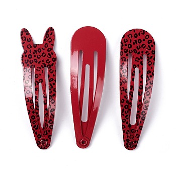 Cute Spray Painted Iron Snap Hair Clips, Teardrop & Rabbit with Leopard Print Pattern, Red, 48x13.5x1.5mm, 3pcs/set
