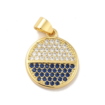 Brass Micro Pave Cubic Zirconia Pendants, Cadmium Free & Lead Free, Long-Lasting Plated, Flat Round, Real 18K Gold Plated, Medium Blue, 17.5x15x2mm, Hole: 3.5x3mm
