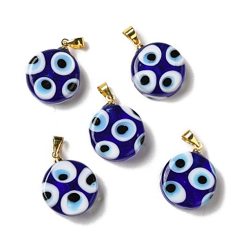 Handmade Evil Eye Lampwork Pendants, with Rack Plating Brass Findings, Long-Lasting Plated, Lead Free & Cadmium Free, Flat Round, Midnight Blue, 19.5x16x6mm, Hole: 4.2x3.8mm