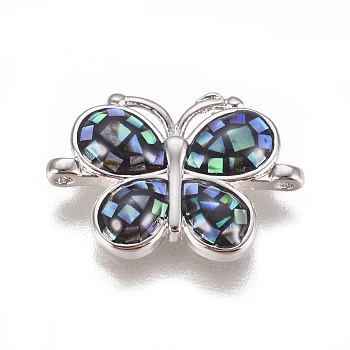 Abalone Shell/Paua Shell Links, with Brass Findings, Butterfly, Platinum, 12x18x3mm, Hole: 0.8mm
