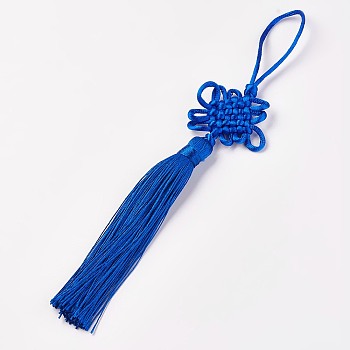 Polyester Tassel Pendant Decorations, Chinese Knot, Medium Blue, 160~260x45~60mm