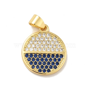 Real 18K Gold Plated Medium Blue Flat Round Brass+Cubic Zirconia Pendants