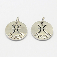 Alloy Pendants, with Rhinestone, Flat Round, with Constellation/Zodiac Sign, Platinum, Pisces, 22x2.5mm, Hole: 5.5mm(PALLOY-S083-06P)