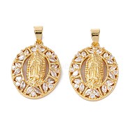 Brass Micro Pave Clear Cubic Zirconia Pendants, Long-Lasting Plated, Oval with Catholic, Real 18K Gold Plated, 28x20x5mm, Hole: 4.5x3.5mm(ZIRC-M116-19G)