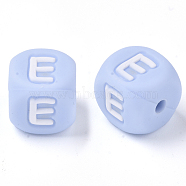 Food Grade Eco-Friendly Silicone Beads, Horizontal Hole, Chewing Beads For Teethers, DIY Nursing Necklaces Making, Letter Style, Cube, Light Sky Blue, Letter.E, 10x10x10mm, Hole: 2mm(SIL-R011-10mm-02E)