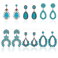 6 Pairs 6 Style Synthetic Turquoise Teardrop & Arch Flower Dangle Stud Earrings, Drop Earrings with 304 Stainless Steel & Alloy Pins for Women, Antique Silver, 45~65mm, Pin: 0.7~0.8mm, 1 Pair/style(EJEW-AN0001-10)