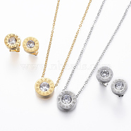 304 Stainless Steel Jewelry Sets, Pendant Necklaces and Stud Earrings, with Cubic Zirconia, Flat Round Carved Roman Numberals, Mixed Color, 16.93 inch(43cm), 10x3mm, Pin: 0.8mm(SJEW-H111-01)
