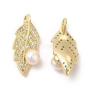 Brass Micro Pave Cubic Zirconia Pendants, with Pearl, Leaf Charm, Real 14K Gold Plated, 24x10x10mm, Hole: 3x5mm(KK-I697-12G)