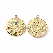 Vacuum Plating 201 Stainless Steel Pendants, with Rhinestone, Real 18K Gold Plated, Flat Round with Eye Charms, Colorful, 18x15.5x2.5mm, Hole: 1.5mm(STAS-J401-VC804)