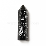 Point Tower Natural Obsidian Home Display Decoration, Healing Stone Wands, for Reiki Chakra Meditation Therapy Decos, Hexagon Prism with Moon Sun Snake Pattern, White, 20~22x23~25x80~90mm(DJEW-C002-01A)