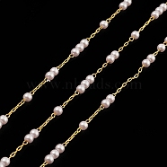 Natural Pearl Beaded Chains, with Brass Findings, Unwelded, with Spool, Real 18K Gold Plated, 2.5x1x0.2mm, Beads: 3mm(CHC-M025-66G)