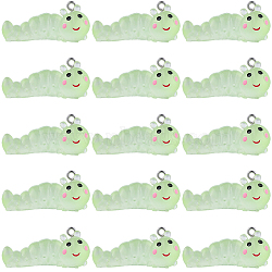 16Pcs Transparent Resin Pendants, Caterpillar, with Platinum Iron Loop, Light Green, 16x36x16mm, Hole: 2mm(RESI-SP0001-63)